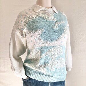 Vintage 80s Western Connection Polo Collar Sweater Aqua White Plus Size 22W